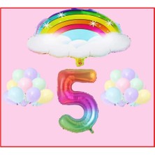 Bulutlu Gökkuşağı Temalı Makaron Balon 5 Yaş Doğum Günü Parti Seti