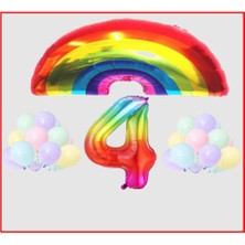 Gökkuşağı Temalı Makaron Balon 4 Yaş Doğum Günü Parti Seti