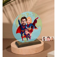 BK Kişiye Özel Süper Aile Karikatürlü Yuvarlak Ahşap Standlı Biblo-3