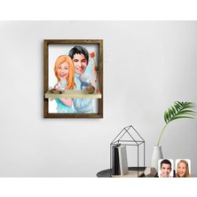 BK Kişiye Özel Sevgililer Karikatürlü Doğal Masif Ahşap Çerçeveli Tablo Duvar Rafı-87
