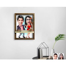 BK Kişiye Özel Sevgililer Karikatürlü Doğal Masif Ahşap Çerçeveli Tablo Duvar Rafı-4