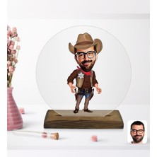 BK Kişiye Özel Kovboy Karikatürlü Yuvarlak Ahşap Standlı Biblo-1