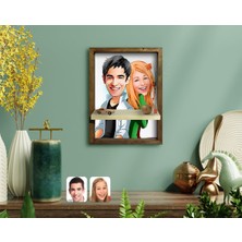 BK Kişiye Özel Sevgililer Karikatürlü Doğal Masif Ahşap Çerçeveli Tablo Duvar Rafı-35