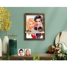 BK Kişiye Özel Sevgililer Karikatürlü Doğal Masif Ahşap Çerçeveli Tablo Duvar Rafı-2