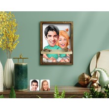 BK Kişiye Özel Sevgililer Karikatürlü Doğal Masif Ahşap Çerçeveli Tablo Duvar Rafı-55