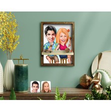 BK Kişiye Özel Sevgililer Karikatürlü Doğal Masif Ahşap Çerçeveli Tablo Duvar Rafı-51