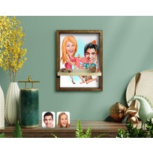 BK Kişiye Özel Sevgililer Karikatürlü Doğal Masif Ahşap Çerçeveli Tablo Duvar Rafı-19