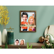 BK Kişiye Özel Sevgililer Karikatürlü Doğal Masif Ahşap Çerçeveli Tablo Duvar Rafı-54