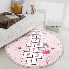 RealHomes Aydaki Kız Baleci Kız Pembe Seksek Oyun Tasarımlı Çocuk & Genç Odası Makinede Yıkanabilir Kaymaz Tabanlı Püsküllü Yuvarlak Çocuk Oyun Halısı