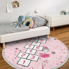 RealHomes Aydaki Kız Baleci Kız Pembe Seksek Oyun Tasarımlı Çocuk & Genç Odası Makinede Yıkanabilir Kaymaz Tabanlı Püsküllü Yuvarlak Çocuk Oyun Halısı
