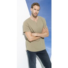 For You Man Organik 3 Düğme Kısakol Haki Gömlek