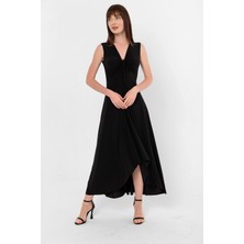 Laranor Siyah Yaka Bağcıklı Büzgü Detay Asimetrik Elbise