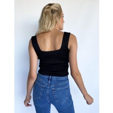Key Moda Kadın Kare Yaka Siyah Triko Body