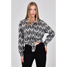 Disentis Modest Yaprak Desenli Gömlek Yaka Manşetli Baskılı Saten Siyah Kadın Gömlek