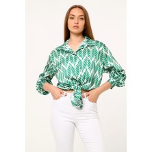 Disentis Modest Yaprak Desenli Gömlek Yaka Manşetli Baskılı Saten Yeşil Kadın Gömlek