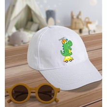 Bk Kids Sevimli Dinozor Tasarımlı Beyaz Cotton Çocuk Şapkası ve Sarı Çocuk Güneş Gözlüğü Hediye Seti