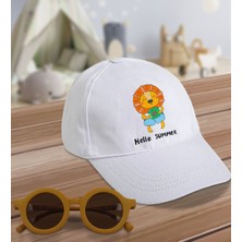 Bk Kids Hello Summer Tasarımlı Beyaz Cotton Çocuk Şapkası ve Sarı Çocuk Güneş Gözlüğü Hediye Seti