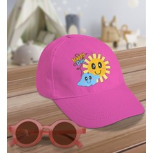 Bk Kids Happy Day Tasarımlı Pembe Cotton Çocuk Şapkası ve Pembe Çocuk Güneş Gözlüğü Hediye Seti