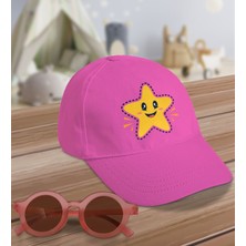 Bk Kids Sevimli Yıldız Tasarımlı Pembe Cotton Çocuk Şapkası ve Pembe Çocuk Güneş Gözlüğü Hediye Seti