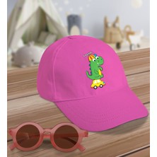 Bk Kids Sevimli Dinozor Tasarımlı Pembe Cotton Çocuk Şapkası ve Pembe Çocuk Güneş Gözlüğü Hediye Seti