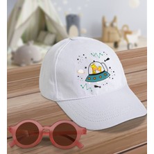 Bk Kids Sevimli Zürafalar Tasarımlı Beyaz Cotton Çocuk Şapkası ve Pembe Çocuk Güneş Gözlüğü Hediye Seti