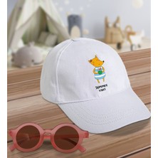 Bk Kids Summer Vibes Tasarımlı Beyaz Cotton Çocuk Şapkası ve Pembe Çocuk Güneş Gözlüğü Hediye Seti