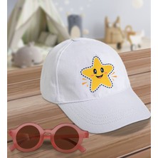 Bk Kids Sevimli Yıldız Tasarımlı Beyaz Cotton Çocuk Şapkası ve Pembe Çocuk Güneş Gözlüğü Hediye Seti