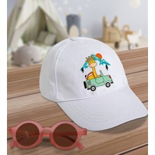 Bk Kids Sevimli Zürafa Tasarımlı Beyaz Cotton Çocuk Şapkası ve Pembe Çocuk Güneş Gözlüğü Hediye Seti-2