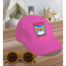 Bk Kids Happy Summer Tasarımlı Pembe Cotton Çocuk Şapkası ve Sarı Çocuk Güneş Gözlüğü Hediye Seti