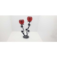 Be Beauty Ikili Kırmızı Renk Cam Başlıklı Metal Gövdeli Şamdan Mumluk