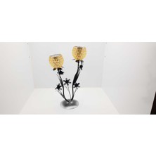 Be Beauty Ikili Sarı Renk Cam Başlıklı Metal Gövdeli Şamdan Mumluk