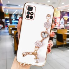 MTK Moveteck Xiaomi Redmi 10 Uyumlu Kılıf Kamera Korumalı Parlak Gold Kenarlı Kristal Taşlı Arkası Bileklik Tutacaklı Silikon