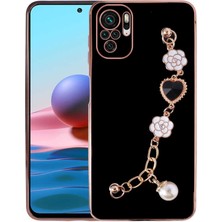 MTK Moveteck Xiaomi Redmi Note 10S Kılıf Kamera Korumalı Parlak Gold Kenar Kristal Taşlı Arkası Bileklikli Tutacaklı Silikon