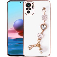 MTK Moveteck Xiaomi Redmi Note 10S Kılıf Kamera Korumalı Parlak Gold Kenar Kristal Taşlı Arkası Bileklikli Tutacaklı Silikon