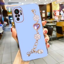 MTK Moveteck Xiaomi Redmi Note 10S Kılıf Kamera Korumalı Parlak Gold Kenar Kristal Taşlı Arkası Bileklikli Tutacaklı Silikon