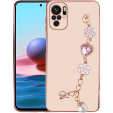 MTK Moveteck Xiaomi Redmi Note 10S Kılıf Kamera Korumalı Parlak Gold Kenar Kristal Taşlı Arkası Bileklikli Tutacaklı Silikon