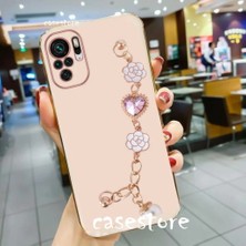 MTK Moveteck Xiaomi Redmi Note 10S Kılıf Kamera Korumalı Parlak Gold Kenar Kristal Taşlı Arkası Bileklikli Tutacaklı Silikon