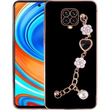 MTK Moveteck Xiaomi Redmi Note 9 Pro Kılıf Kamera Korumalı Parlak Gold Kenar Kristal Taşlı Arkası Bileklikli Tutacaklı Silikon