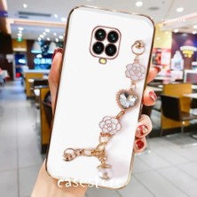 MTK Moveteck Xiaomi Redmi Note 9 Pro Kılıf Kamera Korumalı Parlak Gold Kenar Kristal Taşlı Arkası Bileklikli Tutacaklı Silikon