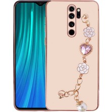 MTK Moveteck Xiaomi Redmi Note 8 Pro Kılıf Kamera Korumalı Parlak Gold Kenar Kristal Taşlı Arkası Bileklikli Tutacaklı Silikon