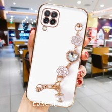 MTK Moveteck Samsung Galaxy M12 Kılıf Kamera Korumalı Parlak Gold Kenar Kristal Taşlı Arkası Bileklikli Renkli Tutacaklı Silikon