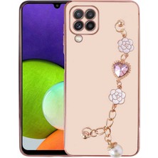 MTK Moveteck Samsung Galaxy M12 Kılıf Kamera Korumalı Parlak Gold Kenar Kristal Taşlı Arkası Bileklikli Renkli Tutacaklı Silikon