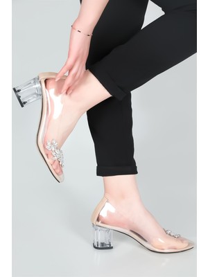 Carla Bella 7 cm Şeffaf Topuklu Taşlı Stiletto Ten Kadın Ayakkabı Soltana