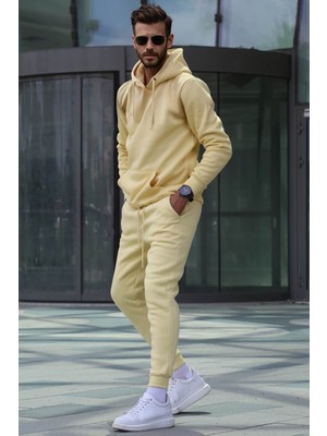 Madmext Sarı Kapşonlu Basic Eşofman Takımı 5905