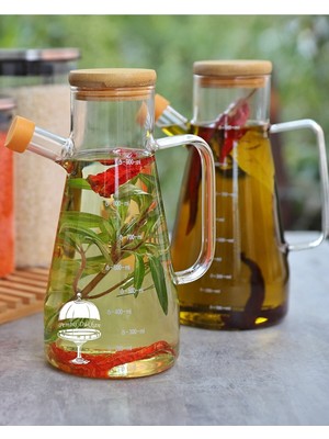 Pembiş Dükkan 900 ml  Bambu Kapaklı Borosilikat Cam Yağdanlık 2 Adet Şık Tasarımlı Mutfak Dekoruna Uygun