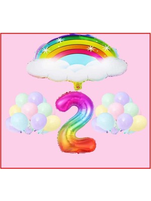 Bulutlu Gökkuşağı Temalı Makaron Balon 2 Yaş Doğum Günü Parti Seti