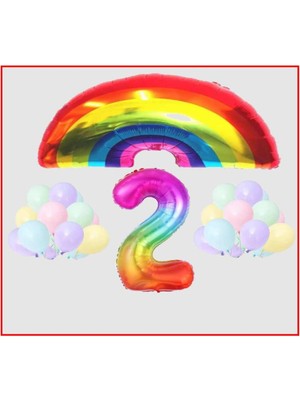 Gökkuşağı Temalı Makaron Balon 2 Yaş Doğum Günü Parti Seti