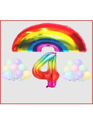 Gökkuşağı Temalı Makaron Balon 4 Yaş Doğum Günü Parti Seti