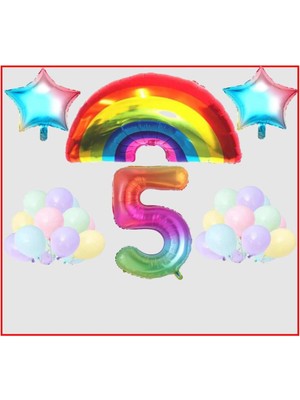 Gökkuşağı Yıldız Temalı Makaron Balon 5 Yaş Doğum Günü Parti Seti