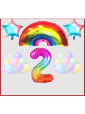 Gökkuşağı Yıldız Temalı Makaron Balon 2 Yaş Doğum Günü Parti Seti